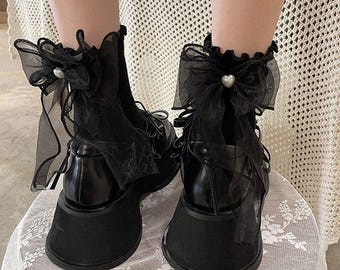 Jirai Kei Lace Socks, Ryousangata Bow Stockings, Kawaii Pearl Ruffle Anklets, Gothic Lolita Crew Socks, Dark Girly Cosplay Gift