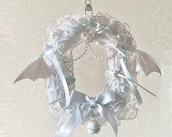 Handmade Jirai Kei Photocard Holder, White Lace Devil Wing Case, Ryousangata Blue Bow Kpop Sleeve, Kawaii Angel Aesthetic Bag Charm