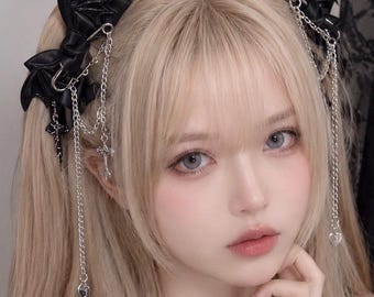 Black Bat Wing Bow Hair Clip with Safety Pin Chain, Cross Heart Charm