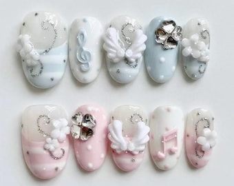 Handmade Tenshi Kaiwai Press on Nails, Pastel Blue Pink Angel Wings Fake Nails, Cute 3D Music Note Gel Nails, Custom Coquette Glue on Nails