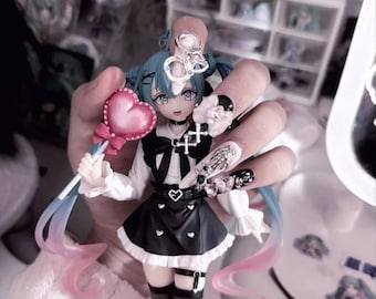 Handmade Jirai Kei Press on Nails, Gothic Punk Gel Nails, 3D Heart Bow Charms