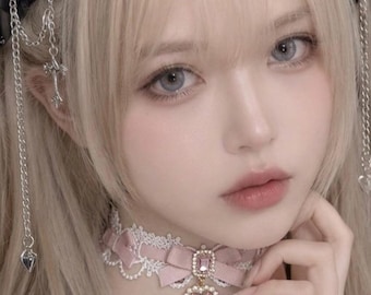 Handmade Dusty Pink Lace Bow Choker Pearl Heart Crystal Charm Coquette Jirai Kei Neck Accessory
