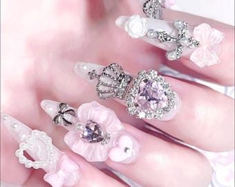 Handmade Balletcore Press on Nails, Luxury Ryousangata Pink Nails, 3D Heart Crown Fake Nails, Cute Cat Paw Angel Wing Glue on Nails, Deco