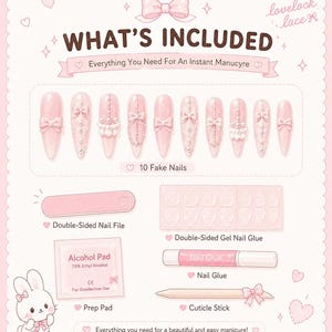 May include: A set of ten light pink press-on nails with bow and pearl embellishments, a double-sided nail file, a sheet of double-sided gel nail glue, an alcohol prep pad, a tube of nail glue, and a wooden cuticle stick on a pink background.