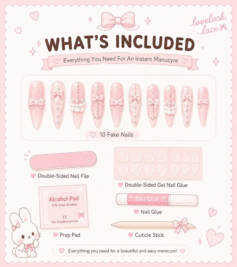 May include: A set of ten light pink press-on nails with bow and pearl embellishments, a double-sided nail file, a sheet of double-sided gel nail glue, an alcohol prep pad, a tube of nail glue, and a wooden cuticle stick on a pink background.