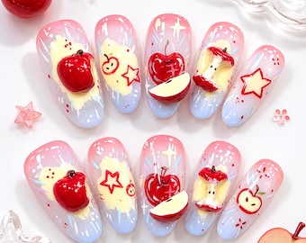 3D Apple Press on Nails, Handmade Fruit Pop Art Fake Nails, Cute Red Star Handpainted Nails, Japanese Harajuku Style Luxury Glue on Nails