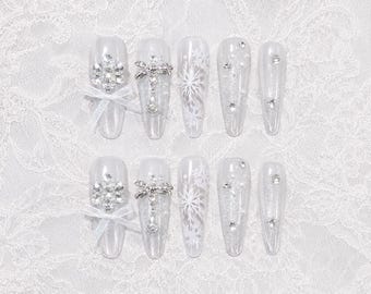 Handmade White Cat Eye Press on Nails | Luxury Winter Snowflake Nails | Kawaii Fairy Core Ribbon Nail Art | Custom 3D Crystal Ribbon Nails