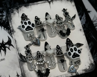 Handmade Black White Punk Cat Paw Press on Nails, Chunky Gothic Cross Wing Fake Nails, Custom Cyberpunk Gel Nails, Daily Jirai Kei Glue on