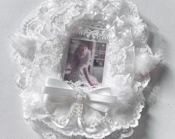 Oversized Tenshi Kaiwai Kpop Card Holder, White Lace Angel Wing Sleeve, Handmade Lolita Photocard Deco Case, Plush Furry Ribbon Bag Charm