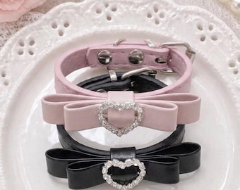 PU Leather Bow Bracelet with Rhinestone Heart Buckle – Jirai Kei Adjustable Cuff