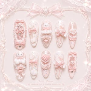 Handmade Kawaii Bunny Presson Nails 3D Bear Luxury Gel Nails Cute Pastel Pink Confetti Fake Nails Long Short Almond Harajuku Doll Deco