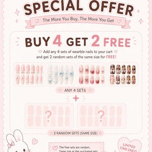 May include: A promotional graphic for Lovelock Lace featuring four sets of press-on nails with pink, brown, and white designs, including bows and hearts. The text reads SPECIAL OFFER, BUY 4 GET 2 FREE, and includes a cartoon rabbit illustration.