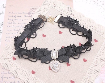 Handmade Lace Bow Choker Rhinestone Heart Ribbon Jirai Kei Jfashion Dark Kawaii Gothic Lolita Neck Accessory 4 Styles