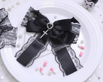 Black Bat Wing Bow Clip with Cross Charm, Lace Ribbon Hair Accessory
