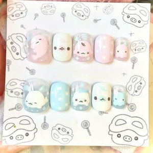 Handmade Kawaii Sealife Press on Nails, Pastel Short Round Gel Nails