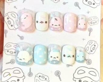 Handmade Cute Kawaii Seal Press on Nails, Pastel Pink Blue Sealife Fake Nails, Short Round Ocean Animal Gel Nails, Glue on Nails