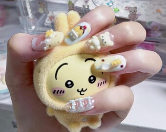 Handmade Cute Bear Press on Nails, Kawaii 3D Pudding Fake Nails, Custom Japanese Dessert Afternoon Tea Gel Nails, Daily Glue on