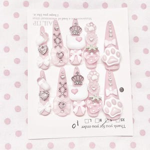 3D Strawberry Cat Press on Nails, Jirai Kei Gel Nails, Kawaii Kitten Paw Bow