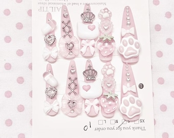 Handmade 3D Strawberry Cat Press on Nails, Kawaii Pink Kitten Fake Nails, Luxury Jirai Kei Gel Nails, Cute Cat Paw Bow Glue on Nails, Deco