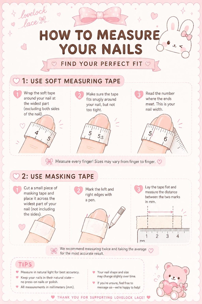 May include: An instructional infographic titled HOW TO MEASURE YOUR NAILS with pink accents and cartoon characters. It illustrates two methods: using a soft measuring tape in inches and using masking tape with a ruler in millimeters for nail sizing.