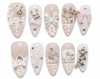 Tenshi Kaiwai Press on Nails, Pastel Pink White Fake Nails, Luxury Gothic Lolita Nails, Handmade Angel Wing Y2K Coquette Glamorous Glue on