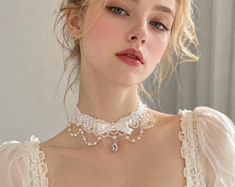 Handmade Lace Pearl Choker,  Lolita Ribbon Bow Necklace, Cute Coquette Waterdrop Crystal Pendant, Custom Ryousangata Aesthetic Jewelry