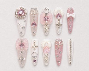Handmade Pastel Pink White Press on Nails | Luxury Coquette Rhinestone Fake Nails | Kawaii Princess Core Nail Art | Angel Heart Gel Nails