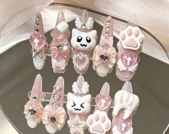 Handmade 3D Cat Press on Nails, Kawaii Pink Kitten Fake Nails, Luxury Jirai Kei Gel Nails, Cute Cat Paw Bow Glue on Nails