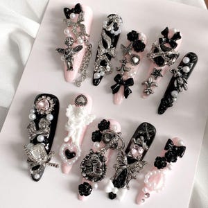 Handmade Jirai Kei Press on Nails, Gothic Black Pink 3D Bear Cross Gemstone Nails