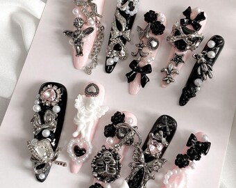 Handmade Jirai Kei Press on Nails, Chunky Gothic Black Pink Fake Nails, Custom Luxury 3D Bear Cross Gemstone Nails, Harajuku Gyaru Glue on