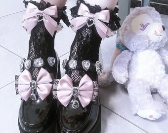Jirai Kei Lace Socks, Gothic Lolita Stockings, Black Pearl Ribbon Bows, Ryousangata Calf Socks, Coquette Kawaii Legwear