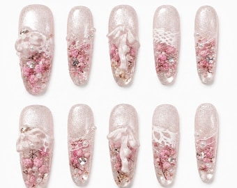 Handmade Real Dried Flower Press on Nails | Luxury Pink Cat Eye Fake Nails | 3D Encapsulated Botanical Nail Art | Custom Elegant Gel Nails