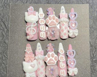 Handmade Japanese Hiragana Kawaii Nails, Cute 3D Cat Paw Pink Fake Nails, Custom Tenshi Kaiwai Press on Nails, Ryousangata Girl Glue on