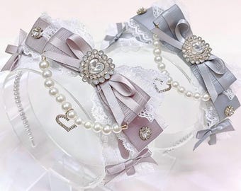 Jirai Kei Lace Headband, Ryousangata Pink Blue Bow, Kawaii Heart Pearl Headpiece, Gothic Lolita Hairband, Dark Girly Cosplay Gift