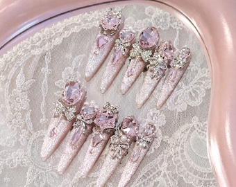 Handmade Pink Cat Eye Press on Nails | Luxury Magical Girl Jewel Fake Nails | Kawaii Sailor Core Nail Art | Custom Baroque Crystal Nails
