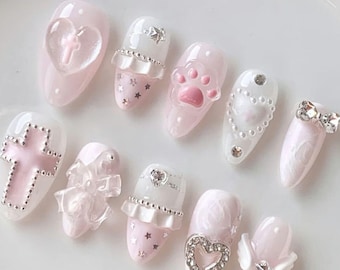 Handmade Pastel Pink Press on Nails | 3D Cat Paw Angel Wings Nails | Soft Girl Coquette Nail Art | Kawaii Jirai Kei Nails Gel LovelockLace