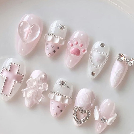 Handmade Pastel Pink Press on Nails | 3D Cat Paw Angel Wings Nails | Soft Girl Coquette Nail Art | Kawaii Jirai Kei Nails Gel LovelockLace