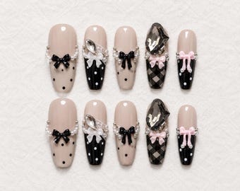 Handmade Pink Cat Eye Press on Nails | Black French Polka Dot Fake Nails | Coquette Balletcore Nail Art | Custom Baroque Crystal Nails
