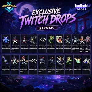 Puede incluir: Un anuncio de Brawlhalla Twitch Drops, con 21 artículos. La imagen tiene un esquema de color púrpura y negro con el texto "EXCLUSIVE TWITCH DROPS" y varias skins y emotes de personajes.