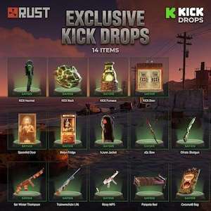 Pode incluir: Um anúncio para "Exclusive Kick Drops" com 14 itens do jogo RUST. Os itens incluem um fato de proteção, uma rocha, uma fornalha, uma porta, um casaco, um arco, uma espingarda, uma cama e armas. A imagem tem o logotipo "K Kick Drops".