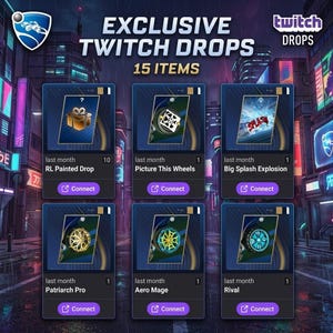 Op de afbeelding: Een advertentie voor exclusieve Twitch Drops met 15 items. De afbeelding toont zes itemkaarten met namen als "RL Painted Drop" en "Big Splash Explosion". Elke kaart heeft een "Verbinden"-knop.