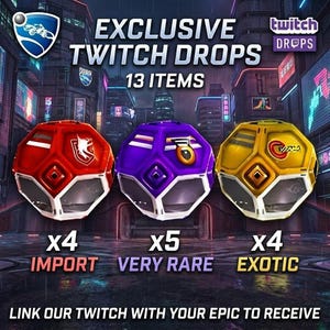 Puede incluir: Anuncio de "Drops exclusivos de Twitch" con tres objetos geométricos estilizados en rojo, morado y amarillo. El texto indica "13 artículos" disponibles, con artículos "Importación", "Muy raros" y "Exóticos". El fondo muestra una ciudad futurista.