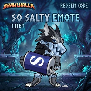 Puede incluir: Imagen de arte digital para el juego Brawlhalla. Un personaje parecido a un lobo sostiene una lata azul con una "S" blanca. Se muestra el texto "SO SALTY EMOTE" y "1 ITEM". El fondo es una escena de bosque con tonos azules y verdes.