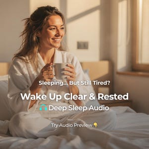 Puede incluir: Una mujer con una bata blanca sentada en una cama sostiene una taza. La imagen incluye el texto "Sleeping... But Still Tired? Wake Up Clear & Rested Deep Sleep Audio Try Audio Preview."