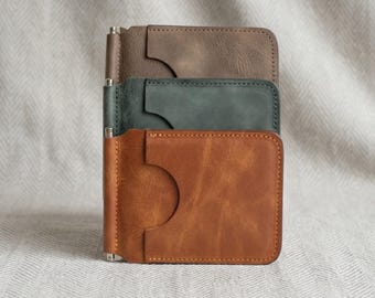 Carteras tarjeteros delgadas de cuero hechas a mano / Color topo, verde bosque, coñac, regalo para hombre