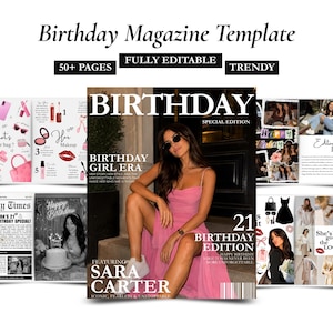 Può includere: Un modello di rivista di compleanno digitale con oltre 50 pagine modificabili. La copertina mostra una persona con un vestito rosa con il testo Birthday Special Edition, Birthday Girl Era, 21 Birthday Edition e Featuring Sara Carter.