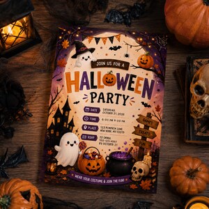 May include: A rectangular Halloween party invitation card featuring a ghost in a witch hat, a jack-o'-lantern, a haunted house, and a purple cauldron. The text reads: Join us for a Halloween Party, Saturday October 31, 2026, 6:00 PM 9:00 PM, 123 Pumpkin Lane New York, NY 10019, RSVP to Emma 555-123-4567 by October 31, and Wear your costume & join the fun.