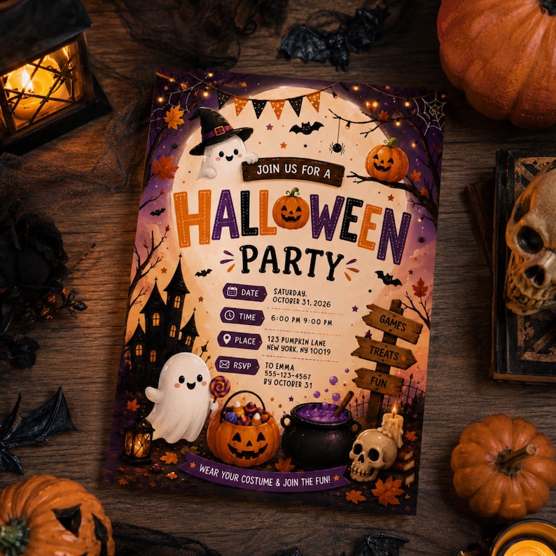 May include: A rectangular Halloween party invitation card featuring a ghost in a witch hat, a jack-o'-lantern, a haunted house, and a purple cauldron. The text reads: Join us for a Halloween Party, Saturday October 31, 2026, 6:00 PM 9:00 PM, 123 Pumpkin Lane New York, NY 10019, RSVP to Emma 555-123-4567 by October 31, and Wear your costume & join the fun.
