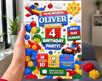 Building Block Kids Birthday Invitation Template, Bricks Birthday Printable Invite, Kids Party Invite, Canva Editable (Digital Download)