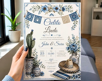 Editable Cielito Lindo Invitation, Cielito Lindo Baby Shower Invitation, Mexican Baby Shower Template, Papel Picado Invite, Blue Talavera
